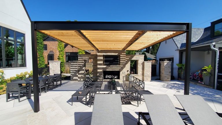 mix of metal and wooden pergola with dining and sitting area and brick fireplace