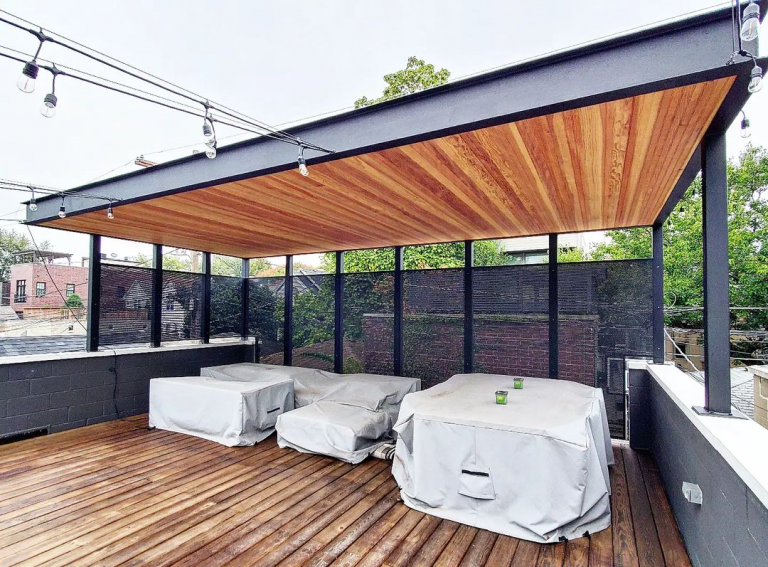 new modern roof deck with pergola and metal screening