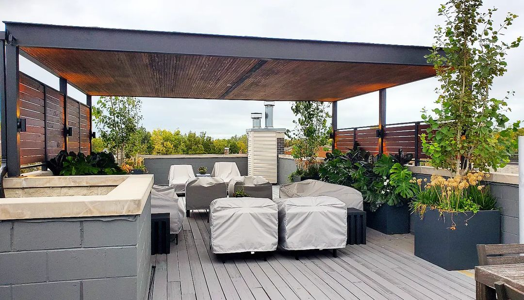 newly built roof deck with new still covered furnitures below the pergola